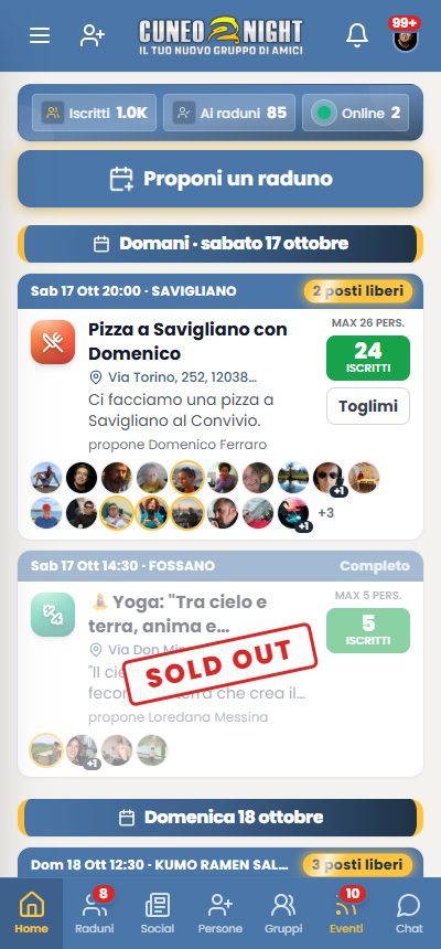 La schermata Raduni dell'app Cuneo2night